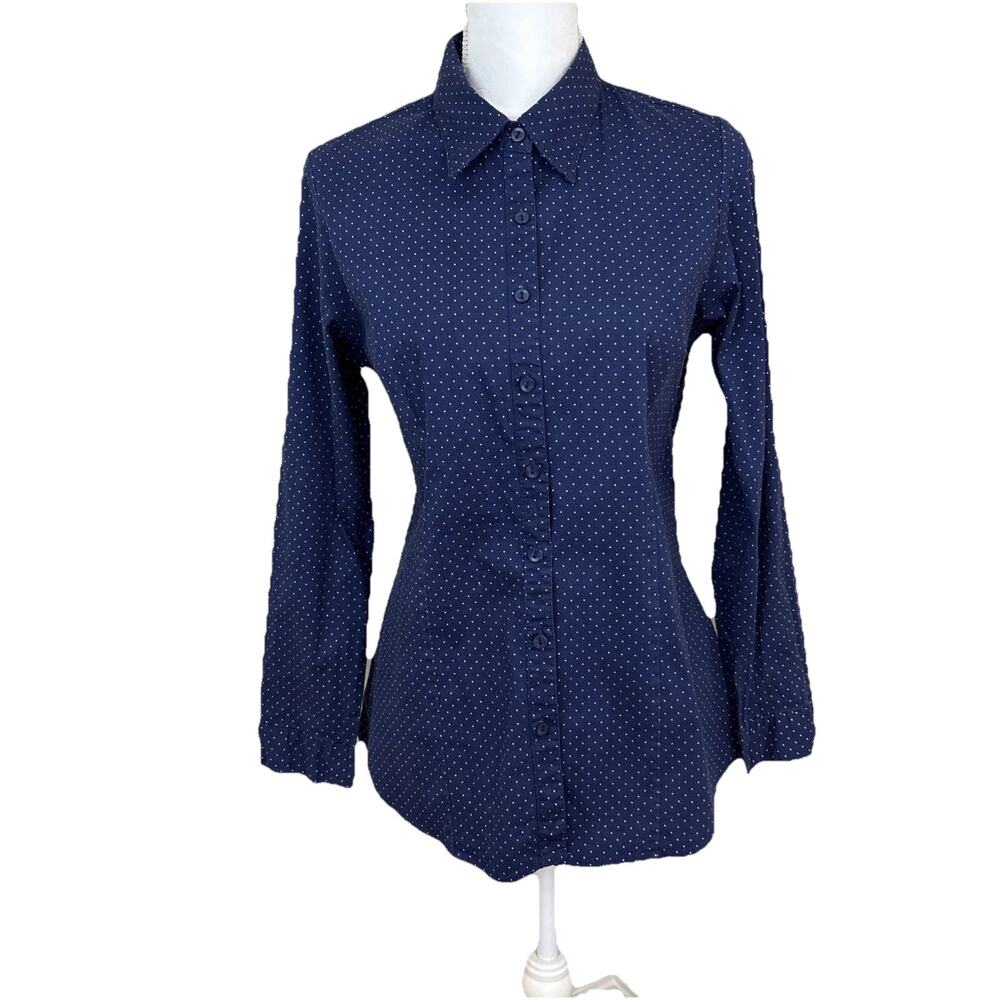 Le3No Womens Blue Button-Up Collared Polkadot Business Casual Preppy, Sz Large